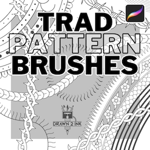 May include: Black and white illustration of various traditional patterns and textures. The text "TRAD PATTERN BRUSHES" is displayed in bold, black letters. The text "DRAWN 2 INK" is displayed in smaller, black letters.