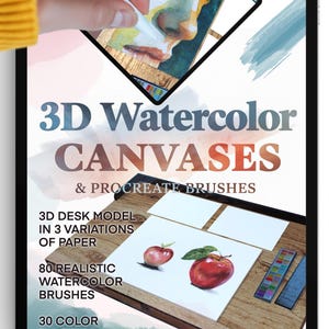 Puede incluir: Una tableta muestra un producto de arte digital con el texto "3D Watercolor CANVASES & PROCREATE BRUSHES". La imagen muestra una pintura de acuarela de manzanas en un modelo de escritorio, con paletas de colores y el logotipo de Procreate. Incluye 80 pinceles.