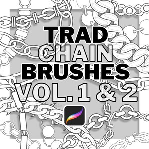 Può includere: Illustrazione in bianco e nero con vari disegni di catene. Il testo "TRAD CHAIN BRUSHES VOL. 1 & 2" è ben visibile. Include il logo dell'app Procreate.