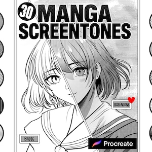 Op de afbeelding: Zwart-wit illustratie met de tekst "30 MANGA SCREENTONES". De afbeelding toont een gesplitst portret van een vrouwelijk personage in mangastijl, met één kant gearceerd en de andere omrand. Verschillende screentone patronen worden getoond.