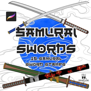 May include: Illustration of two crossed katana swords above the text "SAMURAI SWORDS". Below the swords is a blue circle with the text "IS SAMURAI SWORD STAMPS". Two additional swords are below the circle.