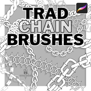 May include: Black and white illustration of various chain designs, including spiked, linked, and looped chains. The text "TRAD CHAIN BRUSHES" is displayed in bold black letters. The image is labeled "TATTOO TOOLKIT".