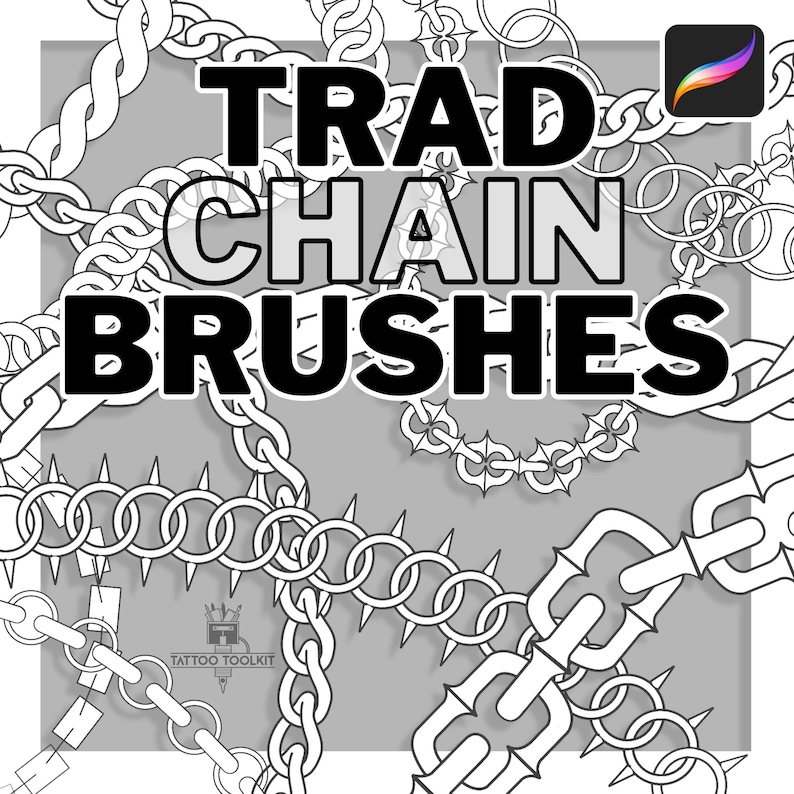 May include: Black and white illustration of various chain designs, including spiked, linked, and looped chains. The text "TRAD CHAIN BRUSHES" is displayed in bold black letters. The image is labeled "TATTOO TOOLKIT".