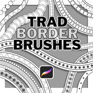以下が含まれることがあります： 太字の黒い文字で「TRAD BORDER BRUSHES」というテキストが入ったデジタルアートグラフィック。背景には、グレーの背景に白で様々な装飾的なボーダーデザインがあり、右下隅にはProcreateアプリのアイコンがあります。