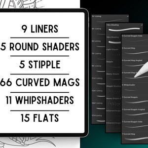 May include: A digital tablet screen displaying a list of brush types and their quantities, including 9 liners, 5 round shaders, 5 stipple, 66 curved mags, 11 whipshaders, and 15 flats.