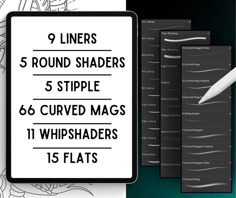 May include: A digital tablet screen displaying a list of brush types and their quantities, including 9 liners, 5 round shaders, 5 stipple, 66 curved mags, 11 whipshaders, and 15 flats.