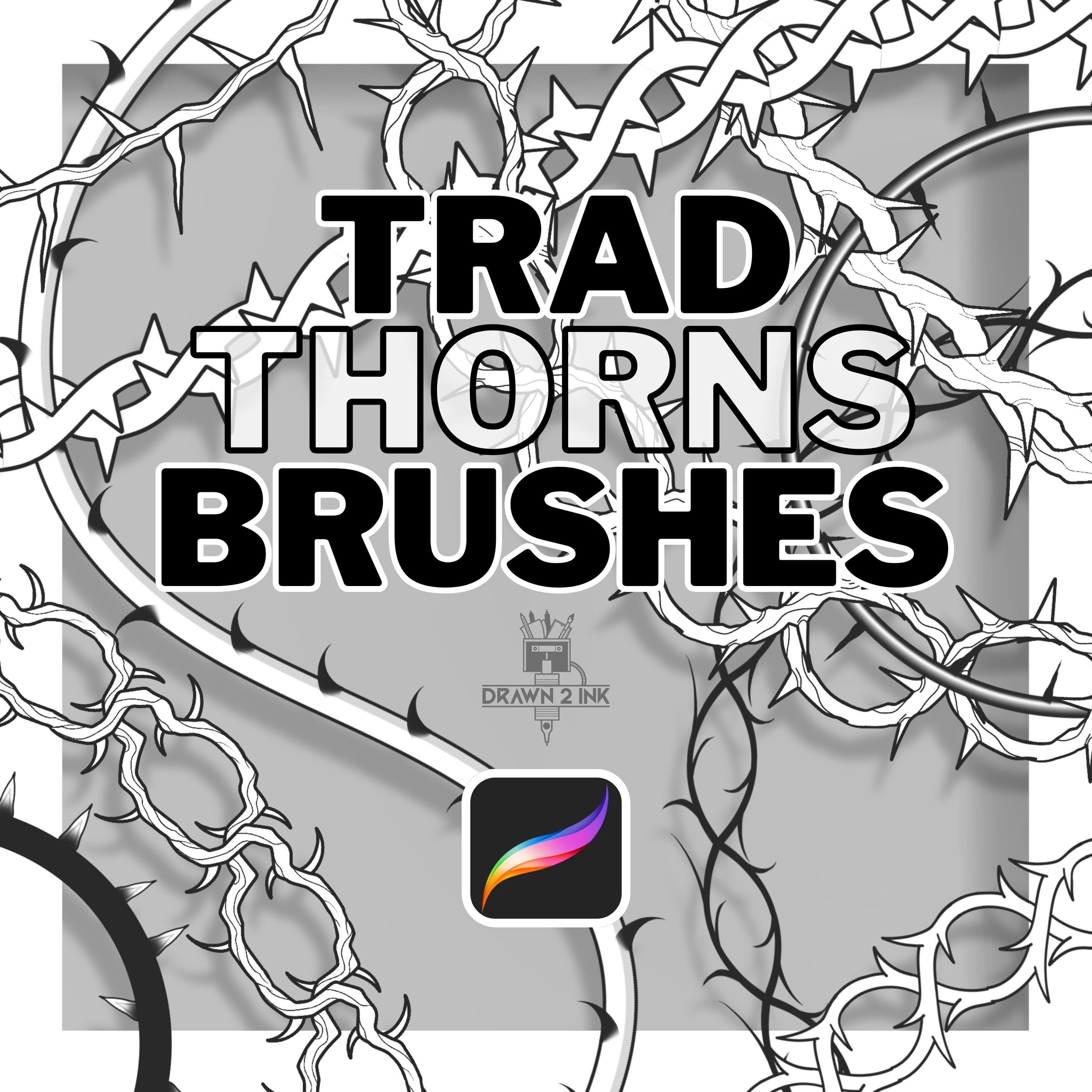 20 Seamless Traditional Thorn Procreate Brushes – Spiky Vines, Tattoo Stems, Borders perfect for any design