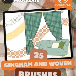 May include: Digital art illustration on a tablet screen featuring a teal sofa, green gingham curtains, and the text "25 GINGHAM AND WOVEN BRUSHES" for Procreate. Includes a free dual-color palette.