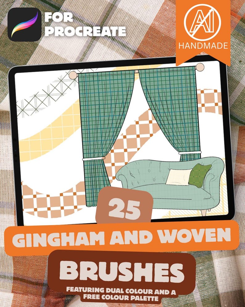 Pode incluir: Ilustra&ccedil;&atilde;o digital em tela de tablet com um sof&aacute; turquesa, cortinas verdes xadrez e o texto "25 GINGHAM AND WOVEN BRUSHES" para Procreate. Inclui uma paleta de cores duplas gratuita.
