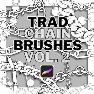 Könnte beinhalten: Schwarz-weiße digitale Illustration mit verschiedenen Kettenmustern. Der Text "TRAD CHAIN BRUSHES VOL. 2" ist deutlich sichtbar. Ein Procreate-App-Symbol deutet auf digitale Kunstpinsel hin.