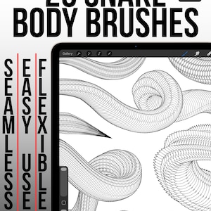 以下が含まれることがあります： タブレット画面に26個のヘビのボディブラシが表示されています。「26 SNAKE BODY BRUSHES」というテキストは太字の黒色です。「SEAMLESS」と「FLEXIBLE」という単語も表示されています。ブラシは白黒です。