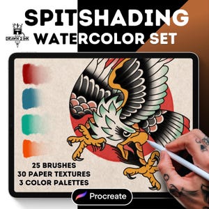 Il Set Definitivo per Spitshading – Pennelli Procreate, Texture di Carta e Tavolozze di Colori per Flash Tattoo Tradizionali, Acquerello