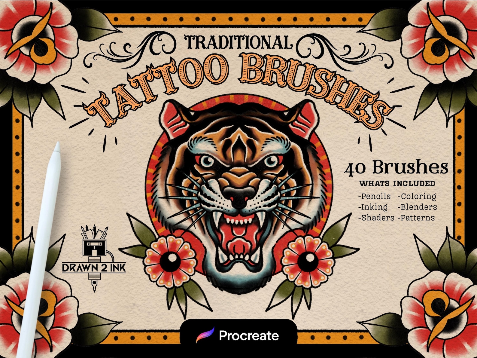 Traditional Tattoo Procreate Brush Set: 40 Flash Art Inkers, Shaders ...