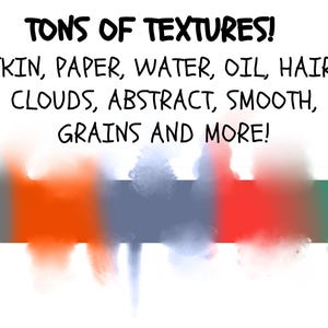 Puede incluir: Una ilustraci&oacute;n digital de varias texturas, incluyendo piel, papel, agua, aceite, cabello, nubes, abstracto, liso y granos. El texto "TONS OF TEXTURES!" est&aacute; en la parte superior de la imagen. El texto "SKIN, PAPER, WATER, OIL, HAIR, CLOUDS, ABSTRACT, SMOOTH, GRAINS AND MORE!" est&aacute; debajo del t&iacute;tulo.