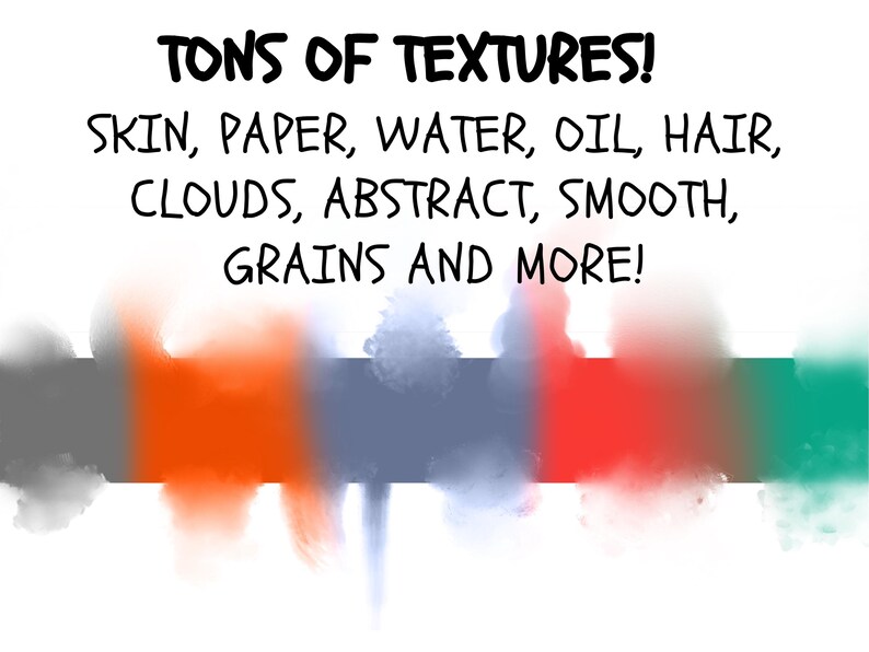 Puede incluir: Una ilustraci&oacute;n digital de varias texturas, incluyendo piel, papel, agua, aceite, cabello, nubes, abstracto, liso y granos. El texto "TONS OF TEXTURES!" est&aacute; en la parte superior de la imagen. El texto "SKIN, PAPER, WATER, OIL, HAIR, CLOUDS, ABSTRACT, SMOOTH, GRAINS AND MORE!" est&aacute; debajo del t&iacute;tulo.