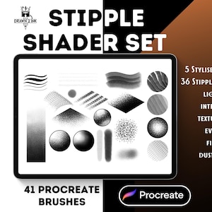 May include: A digital illustration of a Procreate brush set for creating stipple shading effects. The set includes 41 brushes, including 5 stylized liners and 36 stipple shaders. The brushes are displayed on a tablet screen with a black background. The text "STIPPLE SHADER SET" is displayed in large white letters at the top of the image. The text "41 PROCREATE BRUSHES" is displayed in white letters at the bottom of the image. The text "Procreate" is displayed in white letters on a pink background at the bottom right of the image.