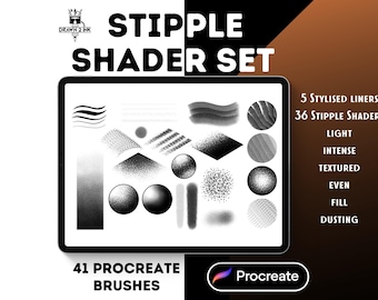 May include: A digital illustration of a Procreate brush set for creating stipple shading effects. The set includes 41 brushes, including 5 stylized liners and 36 stipple shaders. The brushes are displayed on a tablet screen with a black background. The text "STIPPLE SHADER SET" is displayed in large white letters at the top of the image. The text "41 PROCREATE BRUSHES" is displayed in white letters at the bottom of the image. The text "Procreate" is displayed in white letters on a pink background at the bottom right of the image.