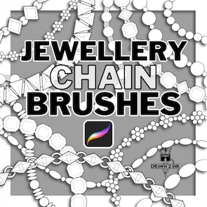 May include: Digital graphic with the text "JEWELLERY CHAIN BRUSHES" in bold black letters. The image includes various white chain designs, a Procreate app icon, and the "DRAWN 2 INK" logo, set against a grey background.