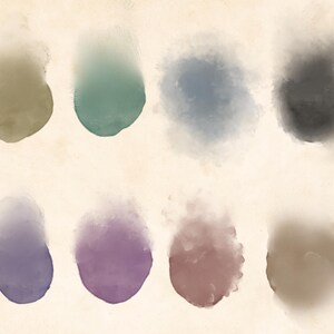 Puede incluir: Ocho muestras de pintura acuarela en varios tonos de marr&oacute;n, verde, azul, morado y gris. Las muestras est&aacute;n dispuestas en dos filas de cuatro.