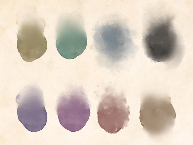 Puede incluir: Ocho muestras de pintura acuarela en varios tonos de marr&oacute;n, verde, azul, morado y gris. Las muestras est&aacute;n dispuestas en dos filas de cuatro.