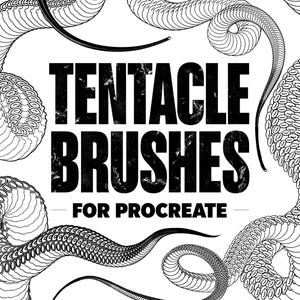 May include: Black and white digital art featuring multiple stylized tentacle illustrations. The text "TENTACLE BRUSHES FOR PROCREATE" is prominently displayed in a bold, distressed font, indicating a digital art product.