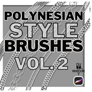 May include: A digital art graphic with the text "POLYNESIAN STYLE BRUSHES VOL. 2" in bold black and white lettering. The background is grey with stylized, repeating patterns. The Drawn 2 Ink logo and a Procreate app icon are also present.