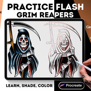 Practice Tattoo Flash for Procreate-5 Grim Reapers, lining, shading, coloring guides and 5 Brushes