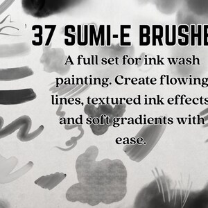 May include: A set of 37 black and white ink brushes for digital art. The brushes are designed to create flowing lines, textured ink effects, and soft gradients. The image shows examples of the brush strokes.