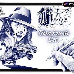 May include: A digital illustration of a woman wearing a hat and holding a gun, with a vintage car in the background. The text "Biro brush Set" is written in blue lettering. The image is drawn in a blue and white color scheme.