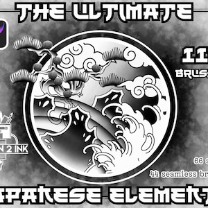 May include: Black and white illustration of Japanese elements, including a wave, a tree, and clouds. The image is labeled "The Ultimate Japanese Elements" and "110 Brushes".