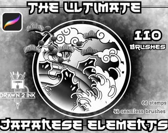 The ULTIMATE Japanese Elements Procreate Set - 110 Seamless and Flexible Japanese Inspired Tattoo Brushes & Stamps