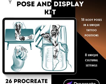May include: A digital illustration of a tattooing pose and display kit for Procreate. The kit includes 18 body poses in unique tattoo positions and 8 unique cultural settings. The kit contains 26 Procreate stamps.