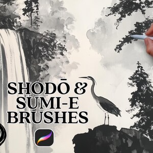Shodo and sumi-e procreate brushes, ink wash set with paper textures and color palettes