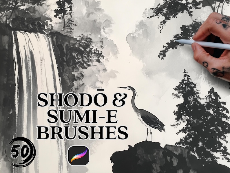 Shodo and sumi-e procreate brushes, ink wash set with paper textures and color palettes