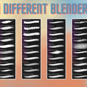 Puede incluir: Una ilustraci&oacute;n digital de 41 pinceles de mezcla diferentes para arte digital. Los pinceles se muestran en cuatro columnas, cada una con una categor&iacute;a diferente de pinceles de mezcla. Las categor&iacute;as son: Soft Touch, Silk Block, Fatty y Oil Slick.