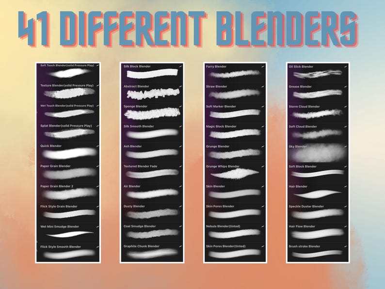 Puede incluir: Una ilustraci&oacute;n digital de 41 pinceles de mezcla diferentes para arte digital. Los pinceles se muestran en cuatro columnas, cada una con una categor&iacute;a diferente de pinceles de mezcla. Las categor&iacute;as son: Soft Touch, Silk Block, Fatty y Oil Slick.