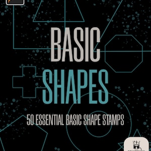 Può includere: Una grafica digitale con il testo BASIC SHAPES e 50 ESSENTIAL BASIC SHAPE STAMPS in azzurro su sfondo nero con contorni geometrici color ottanio, un'icona Procreate in alto a sinistra e un logo DRAWN 2 INK in basso a destra.