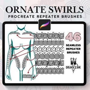 Peut inclure: Une illustration numérique d'une silhouette féminine avec 46 brosses répétitives sans couture appliquées à son corps. Les brosses sont en noir et blanc et présentent des volutes ornées. Le texte "ORNATE SWIRLS" et "PROCREATE REPEATER BRUSHES" est en haut de l'image. Le texte "46 SEAMLESS REPEATER BRUSHES" et "DRAWN 2 INK" est en bas à droite de l'image.