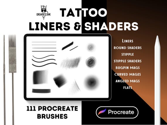 111 Procreate Tattoo Brushes: Liners, Shaders, Stipples, Mags, Curved Mags, Flats (Digital Download)