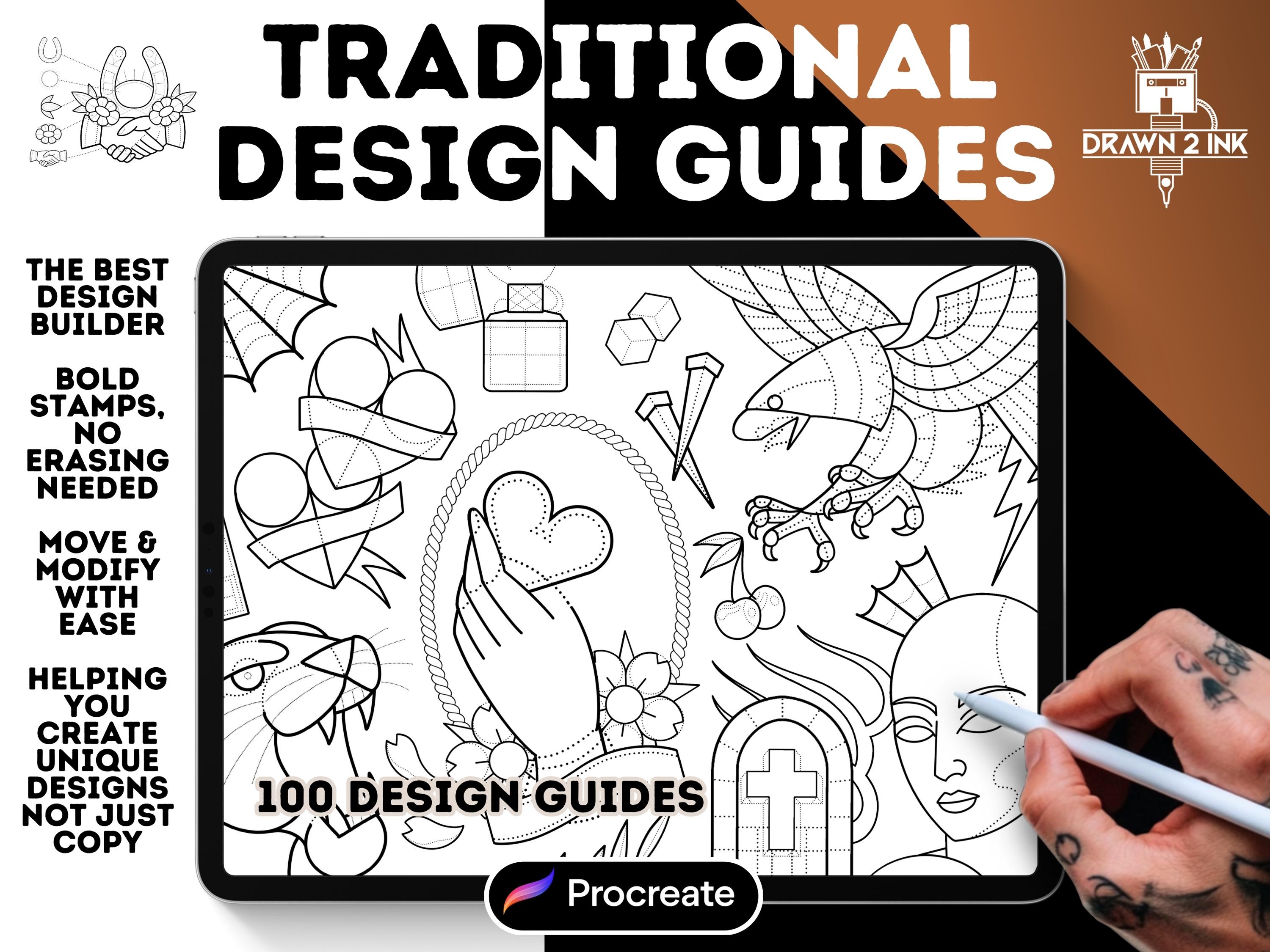 伝統的なタトゥーデザインガイド：Procreate ブラシセット（100