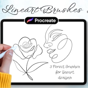 May include: A digital illustration on a tablet screen featuring line art designs of a rose and a face. The text reads "Lineart Brushes" and "3 Perfect Brushes for lineart designs". A hand holds a stylus, creating the artwork using Procreate.