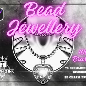 May include: A set of 100 digital brushes for creating bead jewelry designs. The brushes include 78 seamless bead brushes and 22 charm brushes. The image shows a necklace with a heart-shaped pendant.