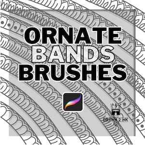 Może przedstawiać: Grafika cyfrowa z napisem "ORNATE BANDS BRUSHES" pogrubioną czcionką w kolorze czarnym. Tło przedstawia powtarzający się wzór szarych, ozdobnych pasm. Widoczna jest ikona aplikacji Procreate.