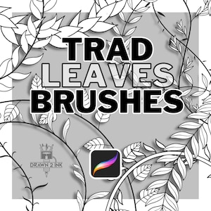 Op de afbeelding: Digitale kunstafbeelding met de tekst "TRAD LEAVES BRUSHES" in een vetgedrukte, zwarte letter met een witte rand. De achtergrond is een lichtgrijze vierkant, omringd door zwart-wit bladillustraties. Bevat een logo voor "Drawn 2 Ink" en het Procreate app-icoon.