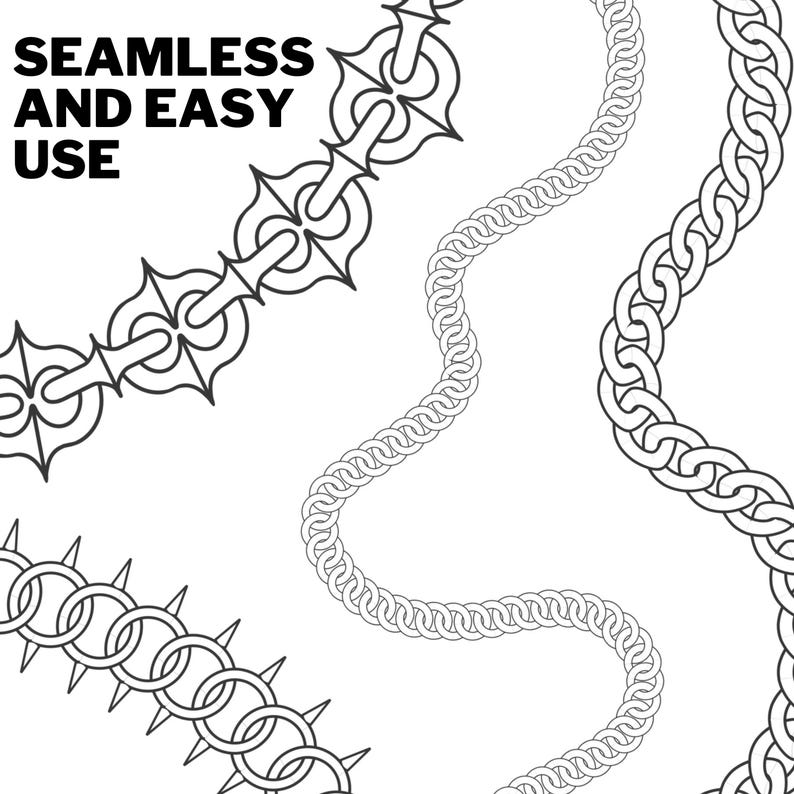 May include: A set of four seamless chain patterns, including a chain with spikes, a chain with a decorative link, and two different styles of simple chains. The text "Seamless and Easy Use" is at the top of the image.