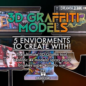 Puede incluir: Cinco modelos de graffiti en 3D para crear entornos. Los modelos son realistas y cuentan con texturas 4K. El texto de la imagen dice "Modelos de graffiti en 3D" y "¡5 entornos para crear!" La herramienta definitiva de graffiti en 3D, modelos realistas 4K, pinceles de pintura en aerosol súper fáciles de usar!