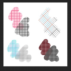 Pode incluir: Arte digital com quatro conjuntos de formas abstratas com padr&otilde;es de grade. As formas sobrep&otilde;em-se ligeiramente. As cores incluem rosa, preto, azul, vermelho e cinzento, criando uma composi&ccedil;&atilde;o visualmente din&acirc;mica.