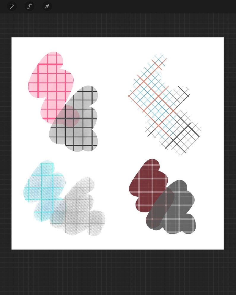 Pode incluir: Arte digital com quatro conjuntos de formas abstratas com padr&otilde;es de grade. As formas sobrep&otilde;em-se ligeiramente. As cores incluem rosa, preto, azul, vermelho e cinzento, criando uma composi&ccedil;&atilde;o visualmente din&acirc;mica.