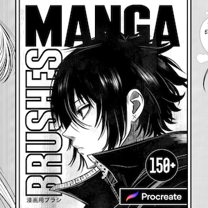 Op de afbeelding: Zwart-wit manga-stijl illustratie met drie personages. De centrale figuur heeft donker haar, met de tekst "MANGA BRUSHES" verticaal weergegeven. De afbeelding bevat ook de tekst "150+" en "Procreate".
