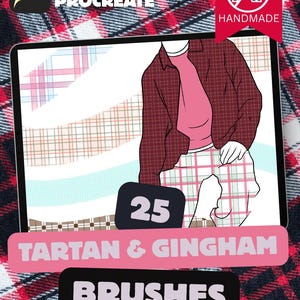 Puede incluir: Pinceles digitales para Procreate con patrones de tartán y cuadros vichy. La imagen muestra una tableta con una ilustración de moda y el texto "25 Tartan & Gingham Brushes". Incluye una paleta de colores gratuita. El fondo es un estampado escocés rojo y negro.